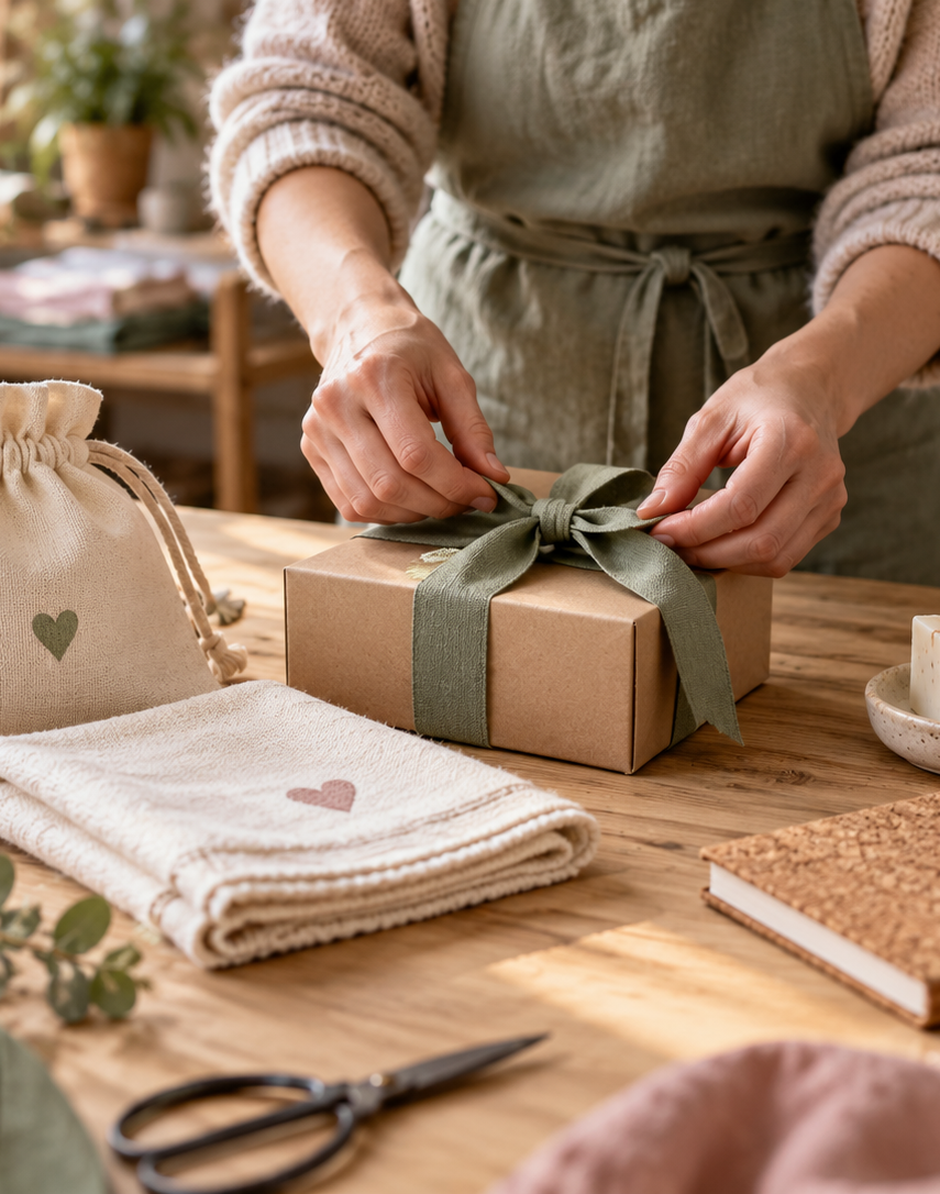 KI-generiertes Symbolbild: Hände gestalten eine Geschenkbox mit Salbeischleife; daneben liegen Baumwollbeutel, Textilien, Naturseife und ein Korknotizbuch.